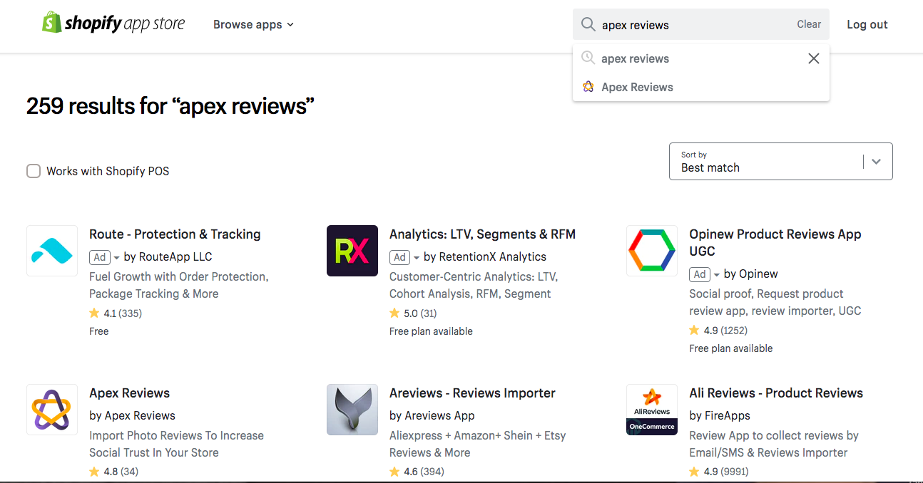 Search Apex Reviews App on Shopify App Store